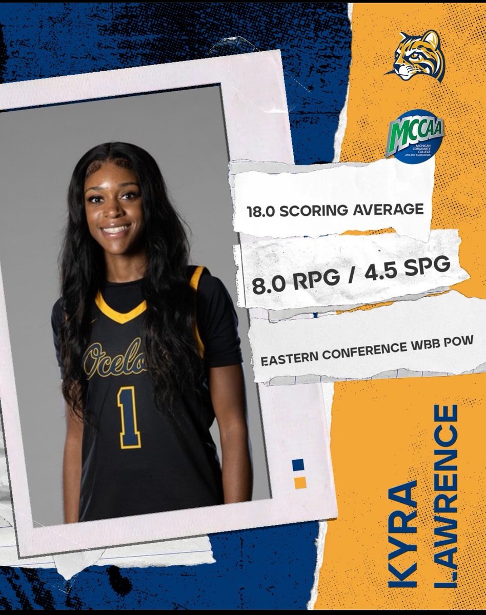 CONGRATULATIONS to our very own @Kyralawrence5 for receiving @mccaa1926 Eastern Conference Player of The Week!!! Kyra had 19pts 9 rebounds 8 steals vs Jackson and 17pts, 7 rebounds vs St Clair. SUPER Proud of her performance in 2 big games last week! 💙💛🏀