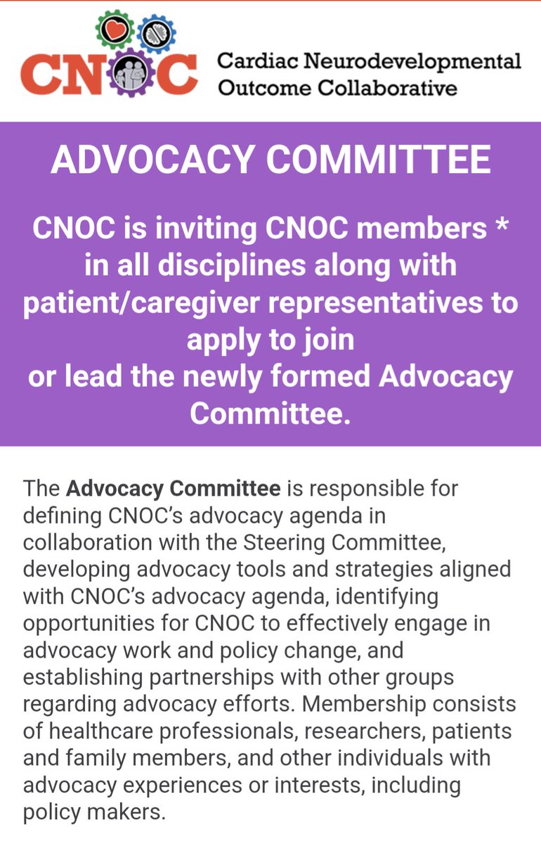 Do you have an interest in #Advocacy in #CHD ? Consider joining the NEW CNOC Advocacy Committee! Learn more information here 👉myemail.constantcontact.com/Advocacy-Commi… Members from all disciplines are going encouraged to apply, including parents/caregivers.