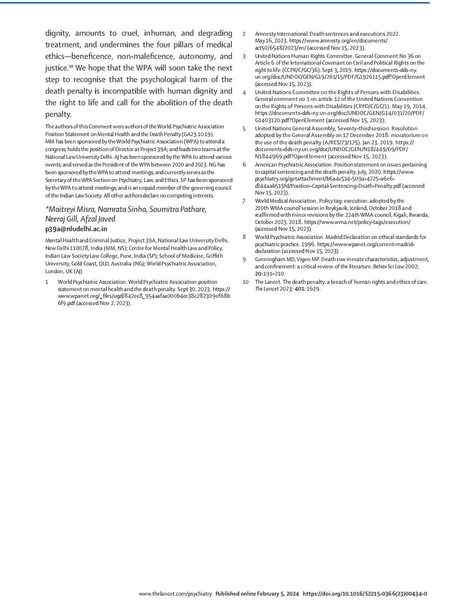 Pleased to see our comment in @TheLancetPsych on the @WPA_Psychiatry position statement on Death Penalty @Neerajsgill @MisraMaitreyi #NamrataSinha #AfzalJaved @Griffith_Uni @P39A_nlud @CMHLPIndia @hrw @UNHumanRights