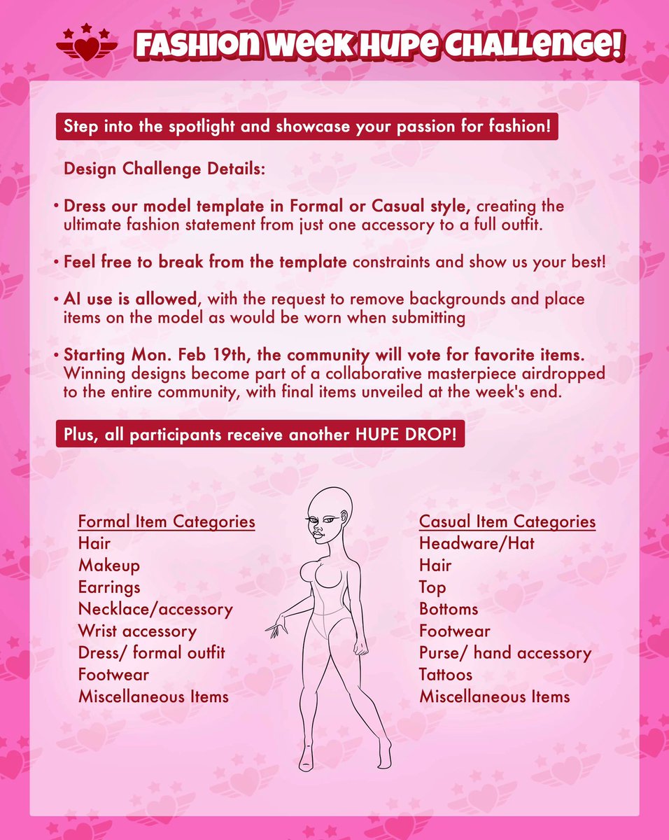 🚨Fashion Week Hupe Challenge!

👗 12 days left to style our runway model for the event of the year!

💃Create the ultimate fashion statement, from one accessory to a full outfit in Formal or Casual style!

🤖AI use is allowed

⬇️Details below

Templates: drive.google.com/drive/mobile/f…