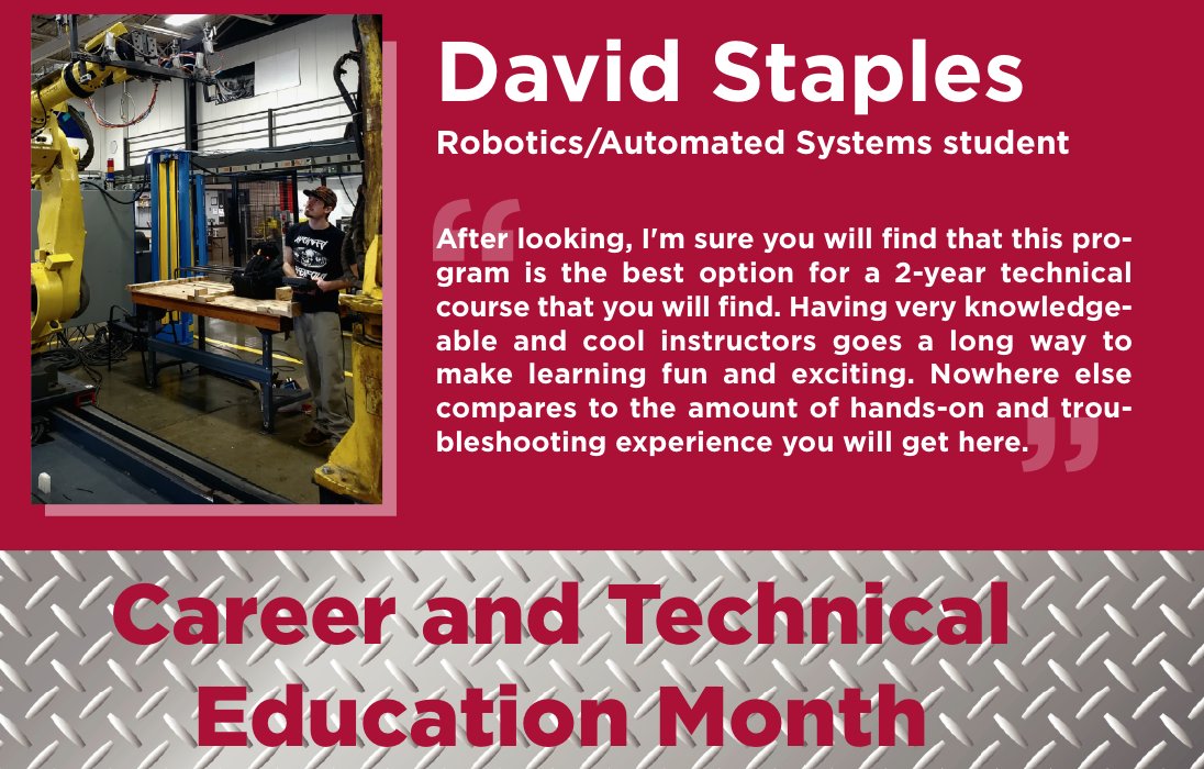 clcmnedu's tweet photo. Robotics / Automated Systems student David Staples weighs in on why he loves his program for #careerandtechnicaleducation month! ๐ค
#robotics #robot #brainerdmn #staplesmn #CLC #centrallakescollege https://t.co/zCEswx1iT5