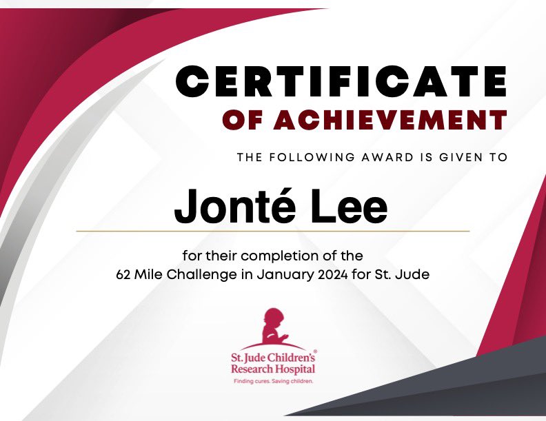 JonteRLee's tweet image. Just conquered the 62 miles St. Jude January Challenge! 🎉 A fantastic start to 2024, supporting a cause close to my heart. St. Jude fights pediatric catastrophic diseases, ensuring no child is turned away. Proud to be part of this! #StJudeHero #RunningForACause #NewYearGoals