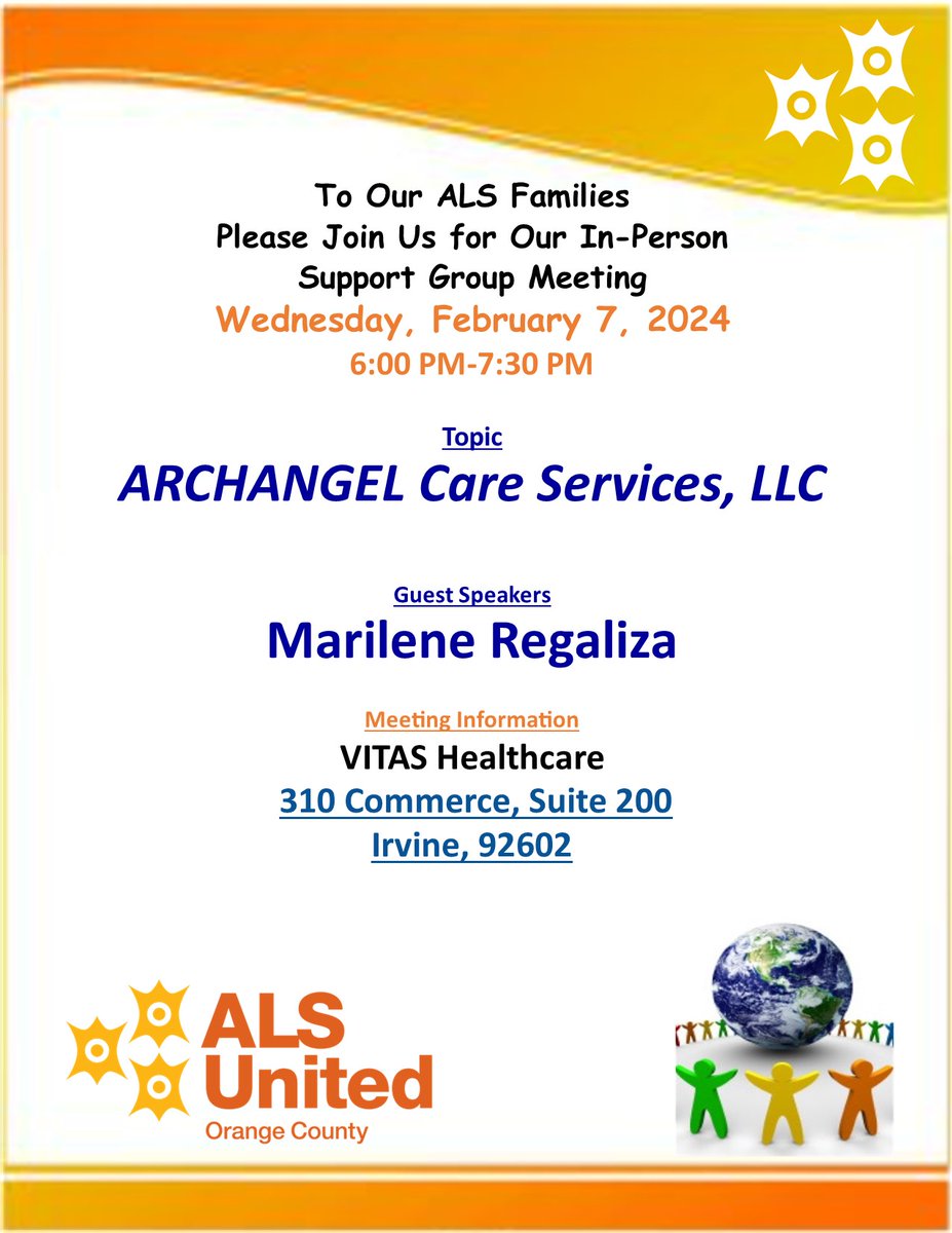 Please join us tomorrow, Wednesday, February 7, 2024, at 6:00pm for our February In Person Support Group meeting. We will have Marilene Regaliza from ARCHANGEL Care Services, LLC speaking to us about their services. See the flyer for details.