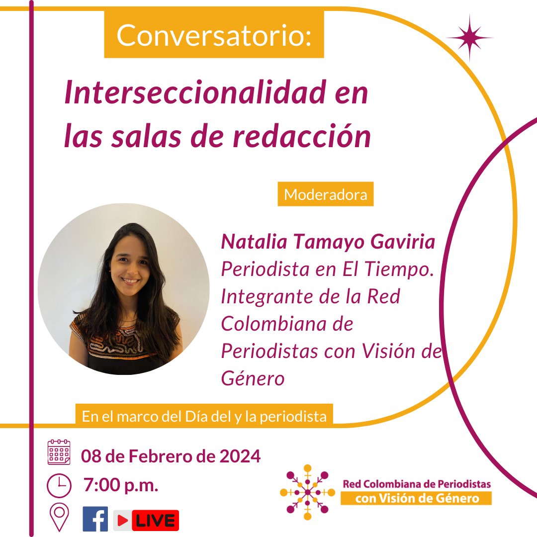 periodismogener's tweet photo. ⏳Mañana conversaremos sobre “Interseccionalidad en las salas de redacción” a propósito de la celebración del Día del y la Periodista en Colombia. ¡Conoce a nuestras invitadas y conéctate!
🗓️ Jueves 8 de febrero
🕐 7:00 p. m.
📍Facebook Live periodisygenero https://t.co/2YydF8yKjs