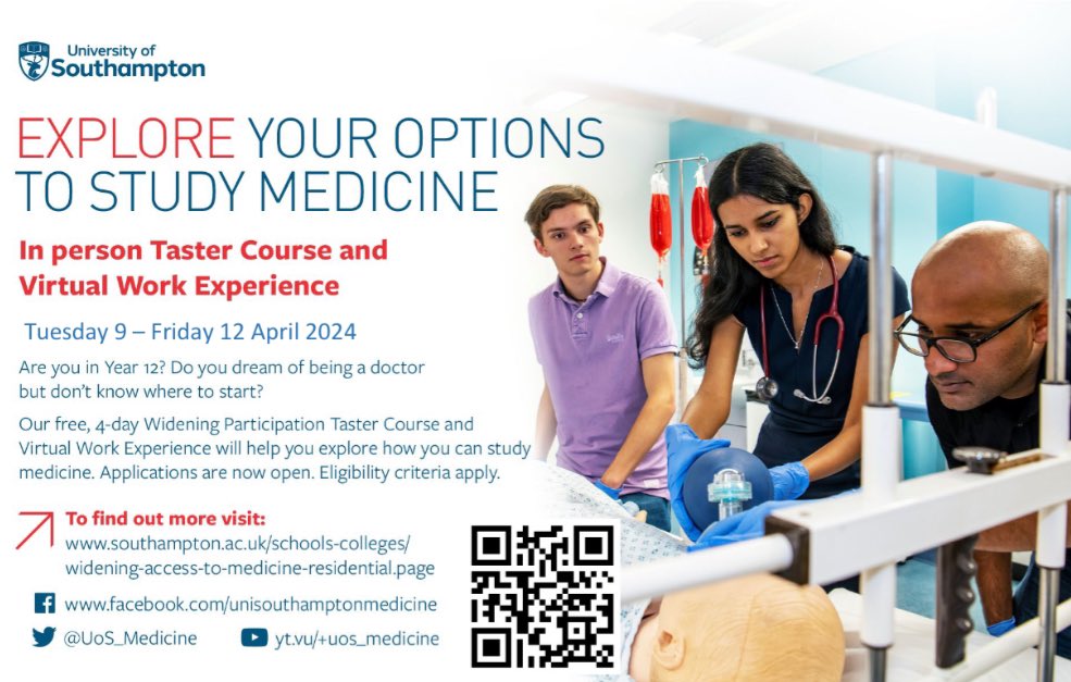 Calling Year 12 potential medics! Our widening access to Medicine taster course and virtual work experience is open for applications: southampton.ac.uk/schools-colleg…