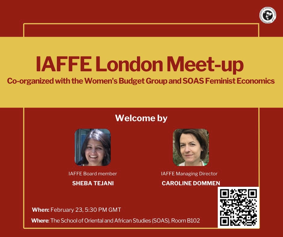 Calling all London-based feminist economists 📢 On Feb 23rd we are hosting a meet-up with @IAFFE & @WomensBudgetGrp. It will be an informal event where we can get to know one other, share our research & have some drinks & nibbles. Sign up here ➡️ buff.ly/3HNwDfG