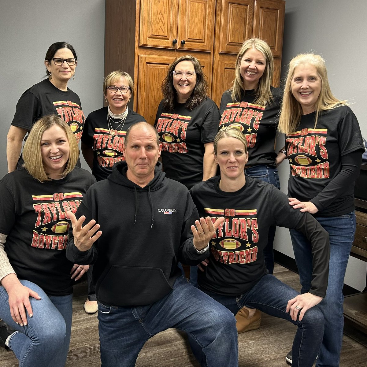 We’re our SVP of Production’s biggest fans … of course we’re going to wear “Taylor’s Boyfriend” shirts just for him! ❤️💛 #CapAmerica #InOurChiefsEra #GoChiefs #Missouri