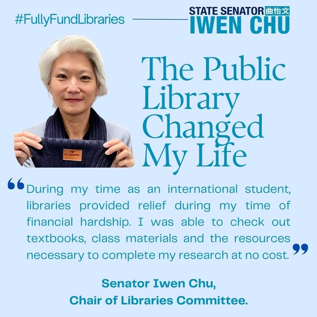 SenIwenChu's tweet photo. #LibraryChangedMyLife when I was an international student at Brooklyn College & needed resources at no cost. I was able to focus on my studies & gained a lifelong appreciation for libraries! New Yorkers of all ages rely on libraries & that's why we need to #FullyFundLibraries https://t.co/3X3xuUpKjZ