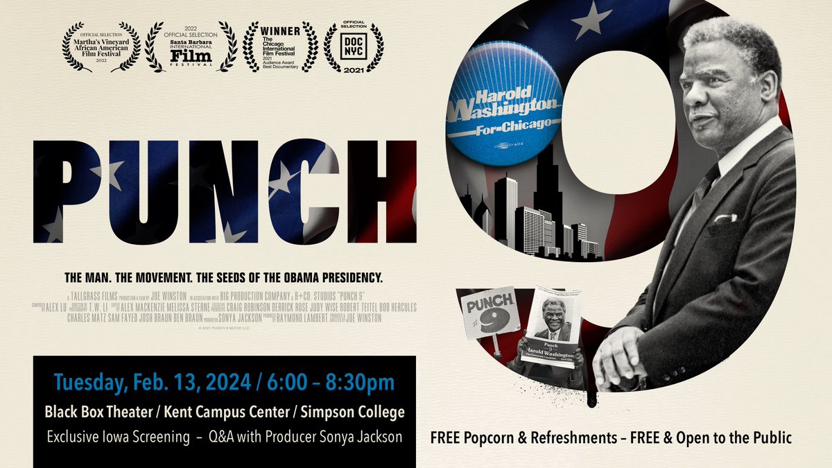 SCCulverCenter's tweet photo. Join us on February 13 from 6:00 to 8:30 PM for a free and exclusive Iowa screening of Punch 9 for Harold Washington - the story of the first African-American mayor of Chicago, and a Q&amp;A with the film's producer, Sonya Jackson. We hope to see you there! https://t.co/OMvKi3W2Nm