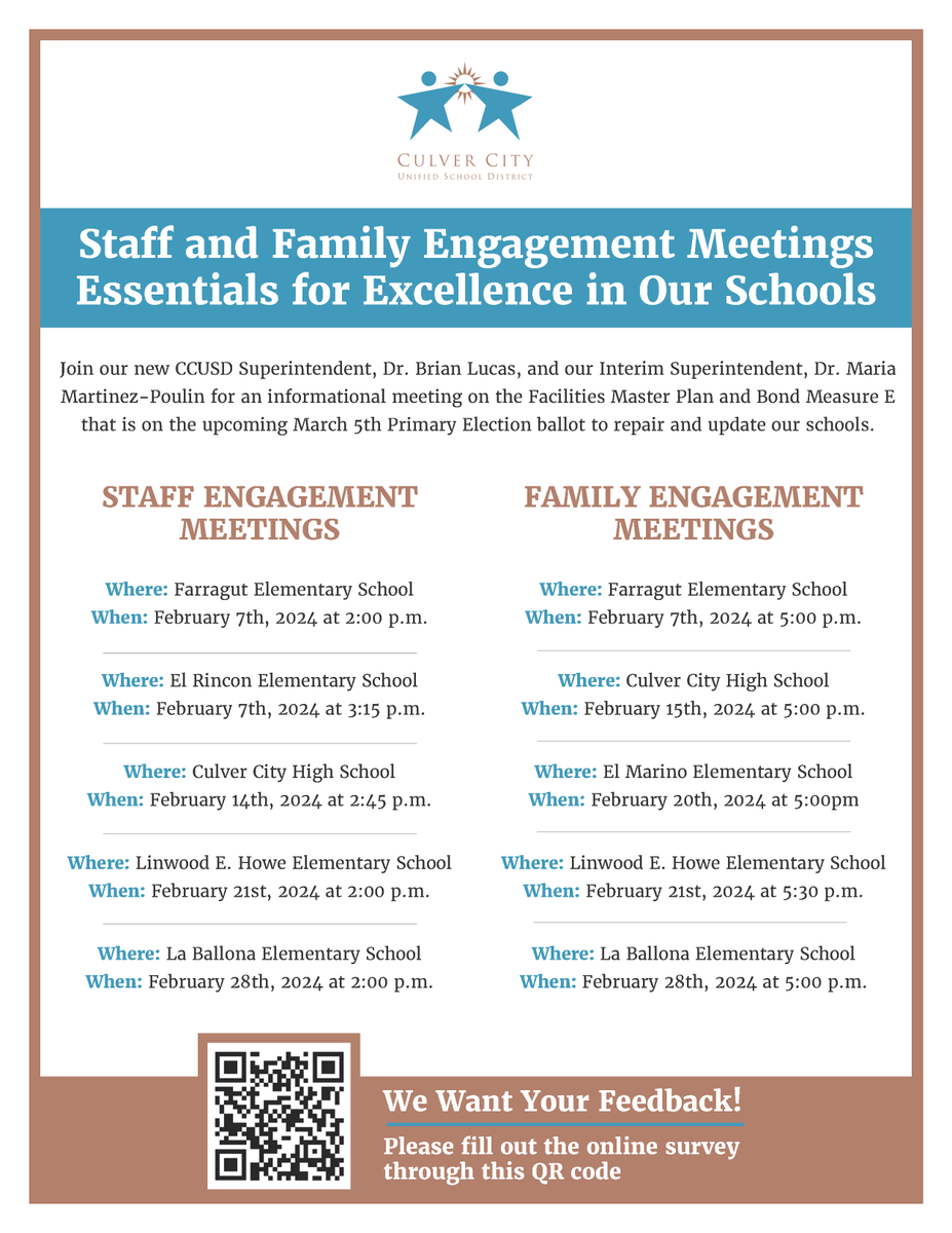Come and meet our new Superintendent of Schools,  Dr. Brian Lucas.  See meeting schedule here! Don't forget to fill out the survey, see QR Code in flyer!
#culverpride #ccusd #culvercity
