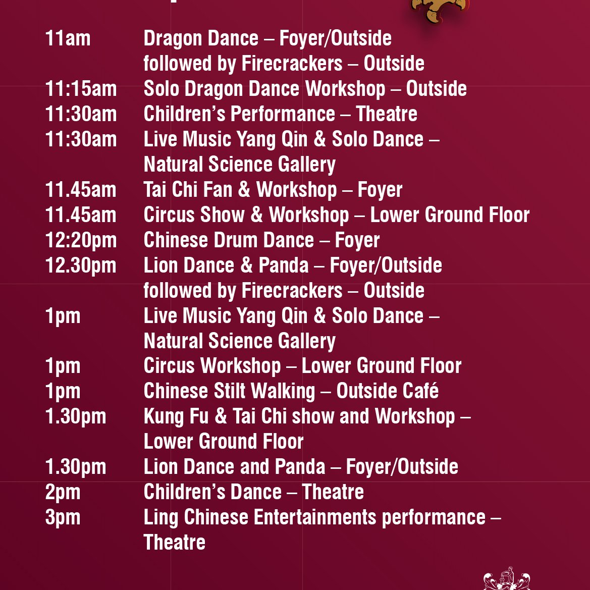 Here is the full programme for Chinese New Year this Sunday