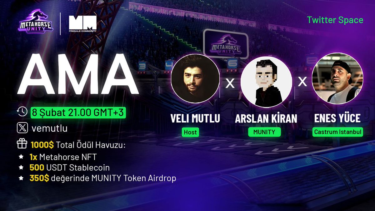 BOL ÖDÜLLÜ AMA'YA VAR MISINIZ 🔥

Yarın saat 21:00'da <a href="/metahorseunity/">Metahorse Unity | MUNITY</a> ekibi ile ödüllerin bol olduğu bir AMA planladık.

Hatta ilk çekiliş şimdi başlasın!
Bu postu RT'yapıp 2 arkadaşını etiketleyen 2 kişi $350 değerinde $MUNITY airdrop'una hak kazanıyor!
