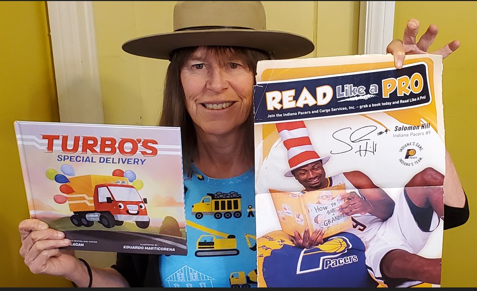 Happy World Read Aloud Day! I'm ready with my 'show and tell' items: Park ranger hat, truck dress, NBA poster with How to Babysit a Grandpa, and the book I'll read, TURBO'S SPECIAL DELIVERY.