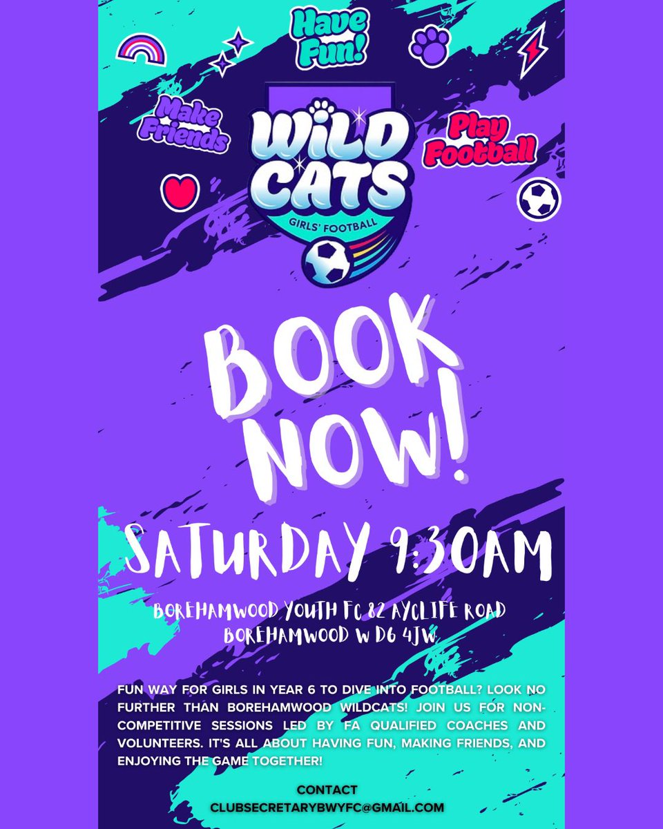 BorehamwoodYFC's tweet photo. Exciting football for girls in year 6 at BorehamWood Youth F.C Wildcats! Join non-competitive sessions with FA qualified coaches. Let’s have fun, make friends, and play together! 
Contact us: 
clubsecretarybwyfc@gmail.com 
| Tel: 07788 240878 https://t.co/pzSilyxN0o