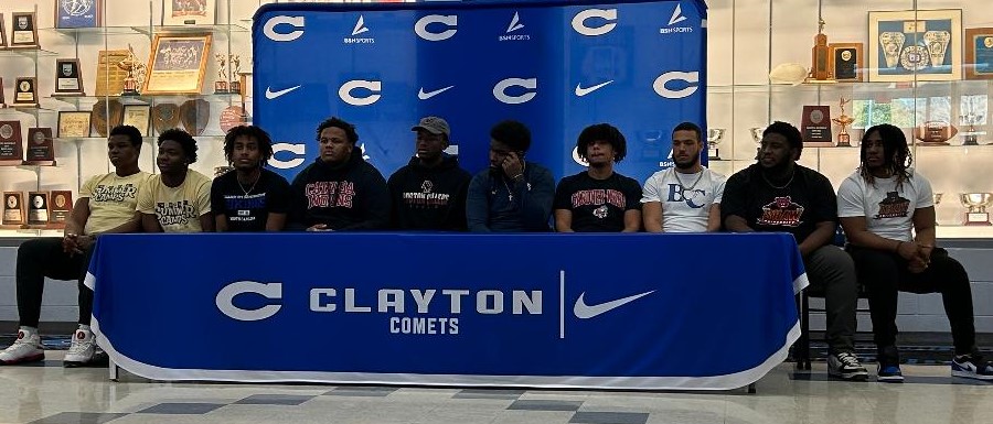A Great National Signing Day at Clayton:
Johnathan Montague - BC (signed in Dec)
Chris Kinsey - NC A&amp;T
Jordan Caldwell - GWU
Bryan Harris - Wingate
Quay Armston - Wingate
Trei Rivers - Catawba
Cameron Royal - Barton
Eric Bland - ECSU
Tyric Richardson - Shaw
Martez Anderson - Shaw