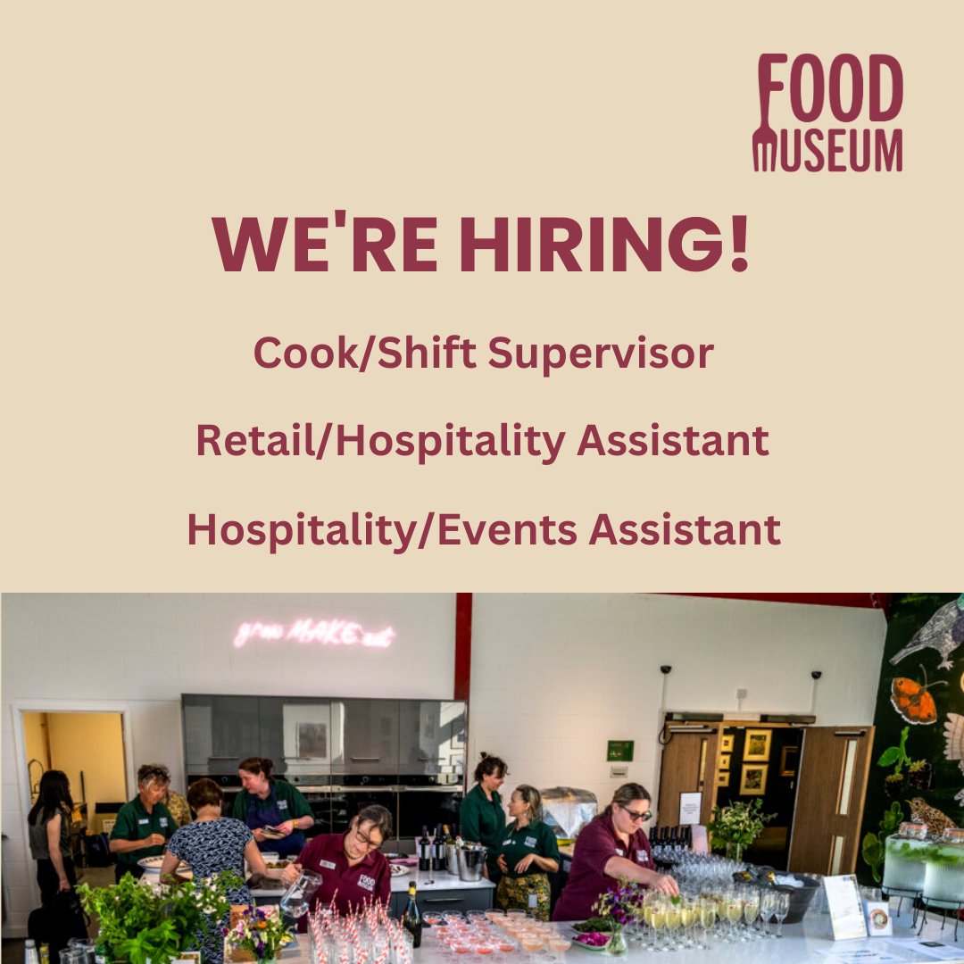 We're looking for 3 passionate people to join the Food Museum team! 📢

We're hiring a Cook/Shift Supervisor, Retail/Hospitality Assistant and Hospitality/Events Assistant.

Find out more and apply: foodmuseum.org.uk/about/careers/

#MuseumJobs #SuffolkJobs #CookJobs #EventsJobs