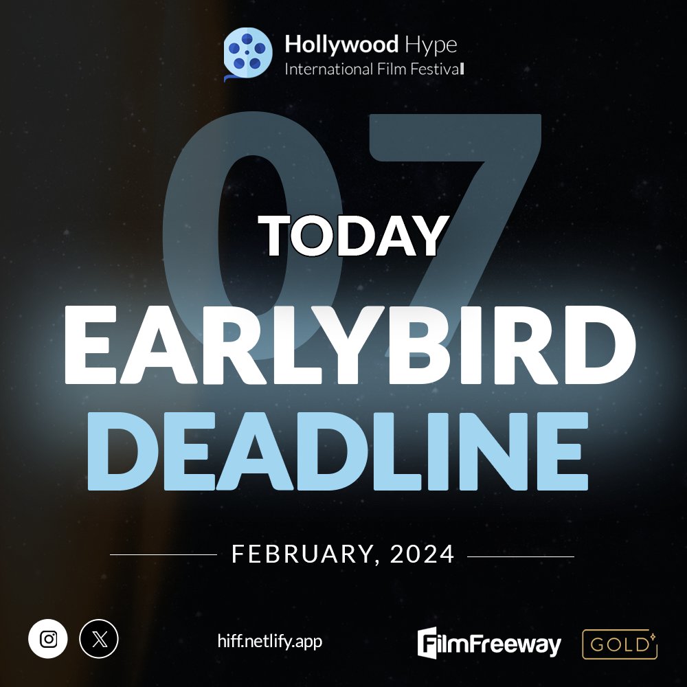 Today is the Earlybird Deadline, Submit your entry today via Filmfreeway. And use the code 'HIFEB' to redeem a discount.

filmfreeway.com/HollywoodHypeI…

Visit us: hiff.netlify.app

#hiff #filmfestival #filmfreeway #hollywood #deadline #earlybirddeadline