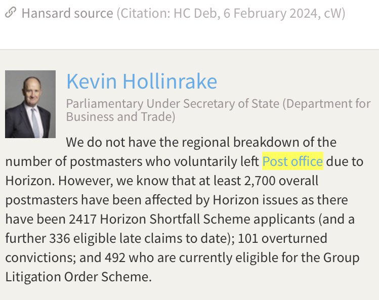 Can’t the Minister add these figures to make 3346, instead of saying ‘at least 2,700’ affected postmasters? And why forget the hundreds of individuals waiting for prosecutions to be overturned? We’re probably looking at 4,000 & rising…