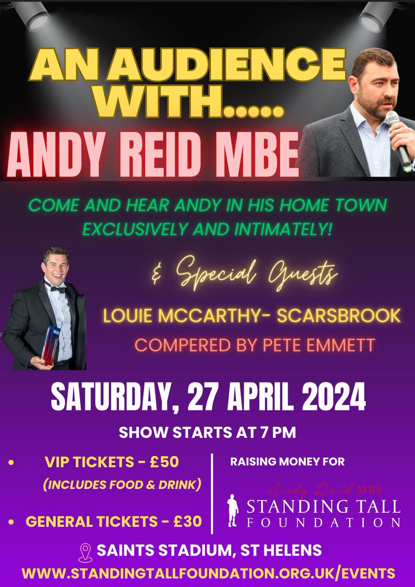 Really excited to be doing this event in my home town and my beloved @Saints1890 Rugby stadium the @TotallyWickedUK stadium It will be an amazing night and supporting my @AndyReidMBE_STF Thanks to @LouieMS14 and @emmo99