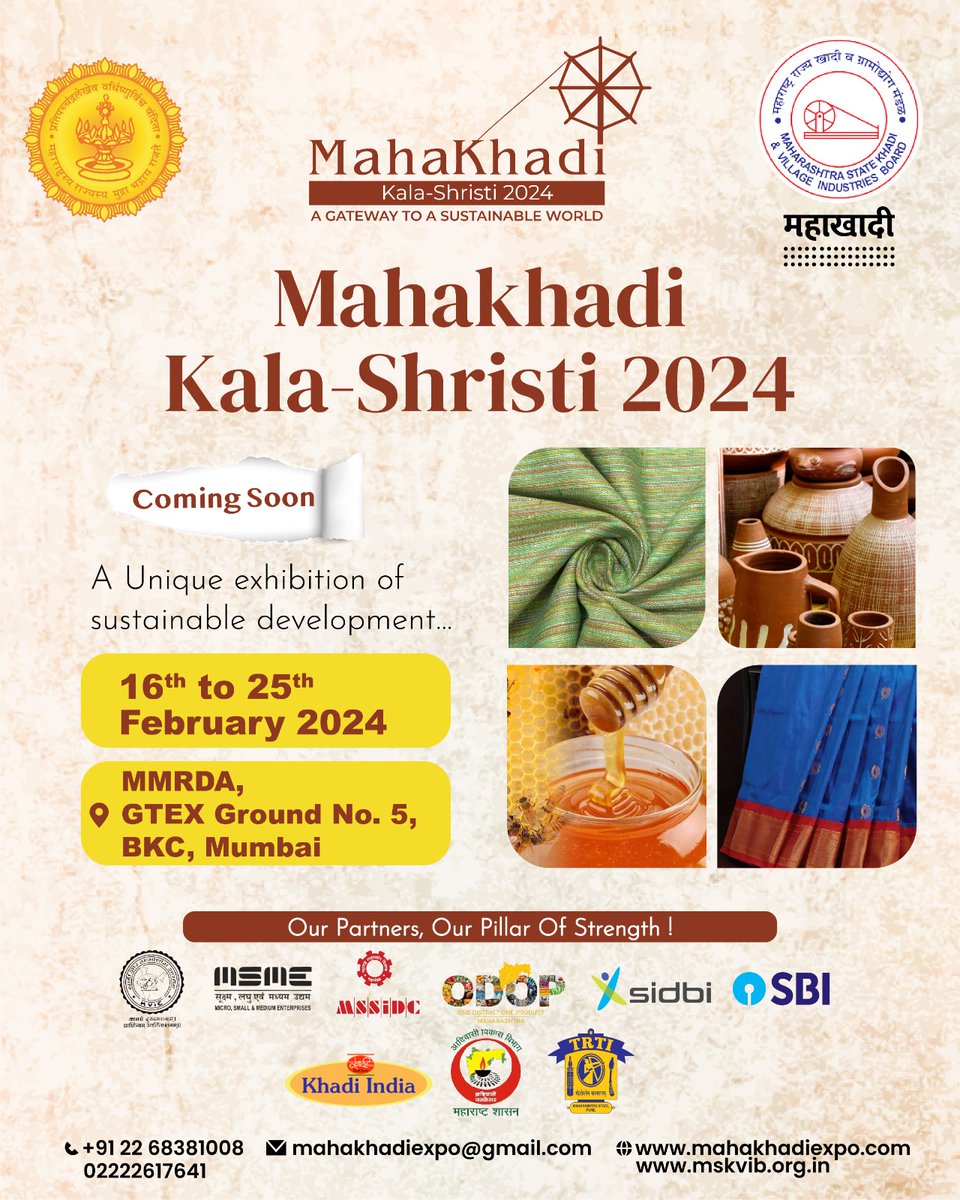 vimshine's tweet photo. Khadi lovers &amp; art connoisseurs-Mahakhadi Kala Shristi,16to25 Feb @MMRDAOfficial BKC,a vibrant exhibitn of art,culture,traditional crafts-Supported by @minmsme,@kvicindia MSSIDC,DIC ODOP,TRTI,Tribal Dept,@sidbiofficial, @TheOfficialSBI Celebrating India's rich heritage @mskvib60 https://t.co/o2zYgon8Xm