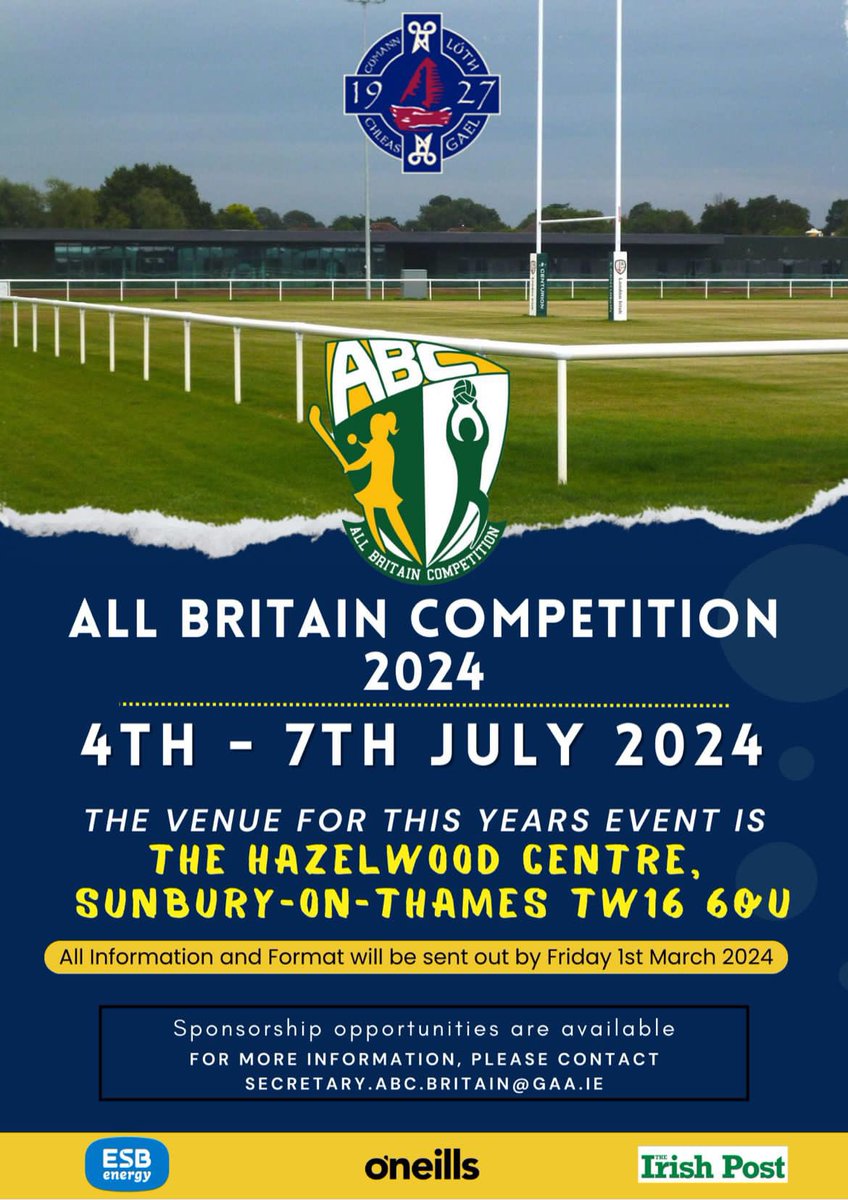 ABCGAAmes's tweet photo. 🚨ABCs 2024 Newsflash🚨

The 2024 ABCs will be held @HazelwoodCentre on the 4th-7th of July

All event information will be sent out by 1st of March

📢Spread the word📢

Thank you @TirChonailGaels for hosting all these years.The event would not be what it is today without you👏🤝 https://t.co/odn3wSfRIu