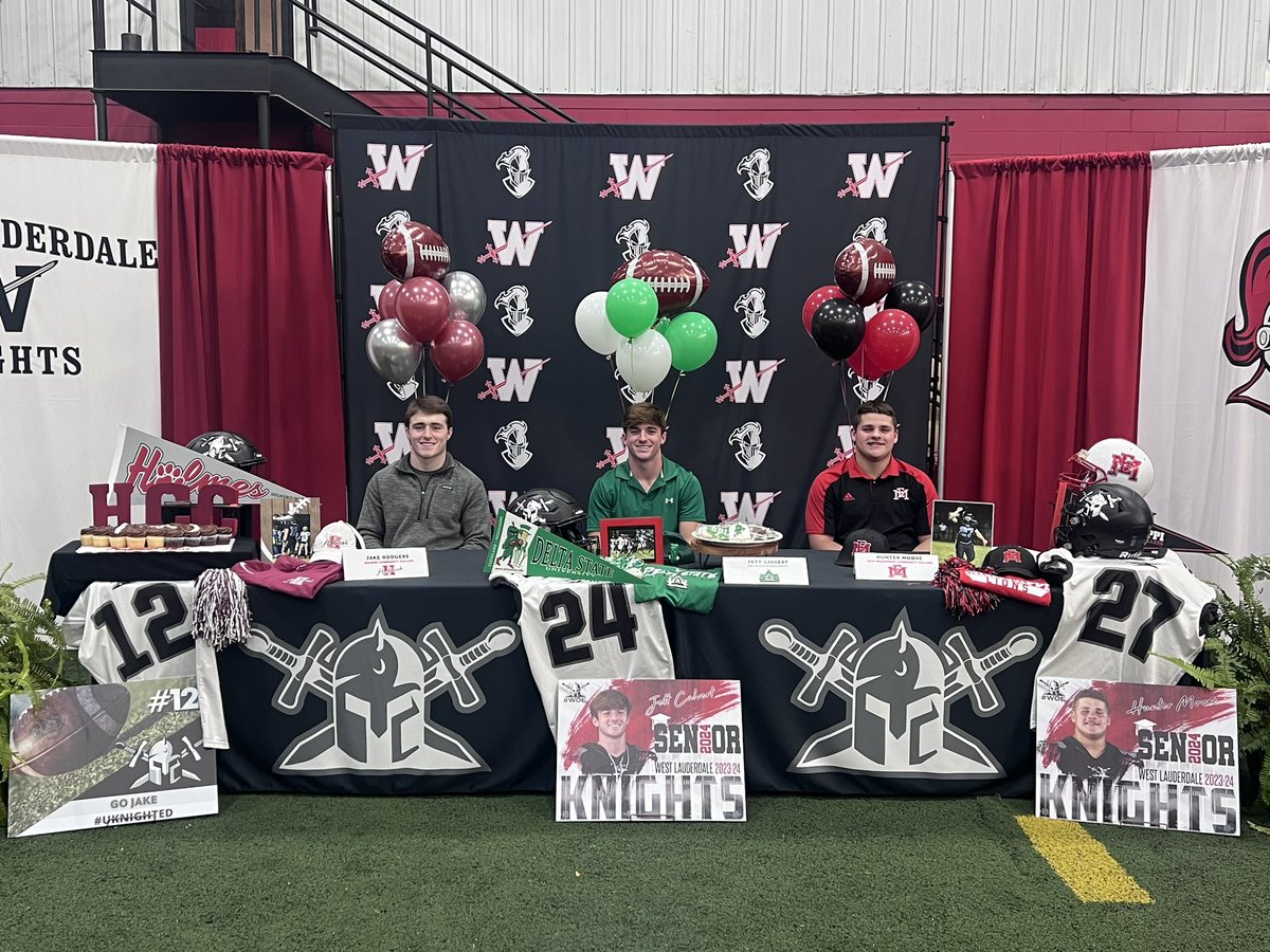 Congratulations to these three Knights! They will all be playing football and continuing their educational careers at the following institutions:
(Left to Right)
Jake Rodgers-Holmes CC
Jett Calvert-Delta State 
Hunter Moore-EMCC
#uKnighted #theKingdom