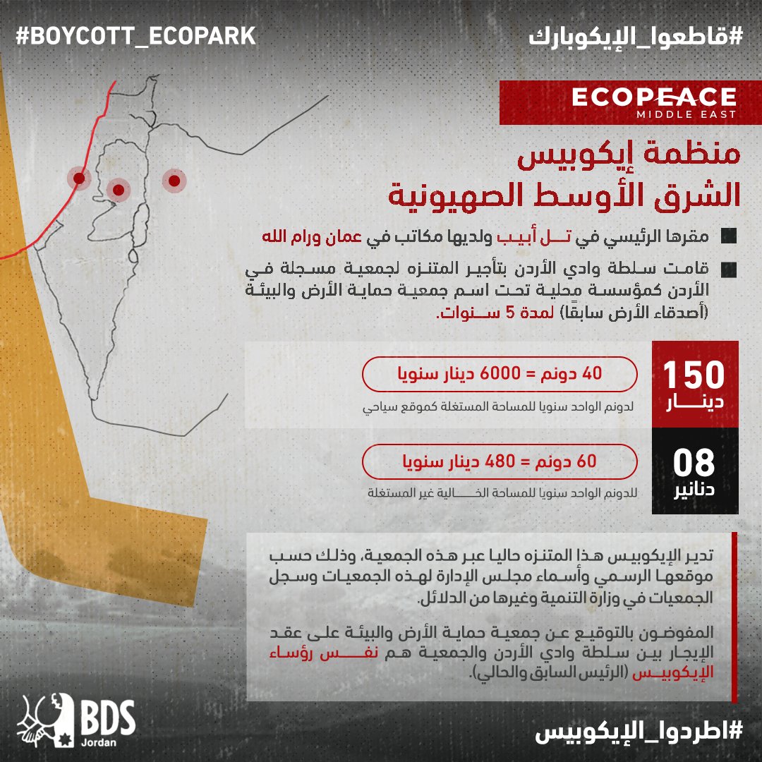 BDSJordan's tweet photo. 🚫نطالب سلطة وادي الأردن بعدم تجديد عقد إيجار متنزه الأردن البيئي مع جمعية حماية الأرض والبيئة/ إيكوبيس الشرق الأوسط، والذي سينتهي في 9 آذار 2024، وتكليف مشغل وطني أردني تنسجم قيمه مع قيم الشعب الأردني لإدارة المتنزه.

#قاطعوا_الإيكوبارك
#Boycott_EcoPark
#اطردوا_الإيكوبيس https://t.co/22K8awRiwn