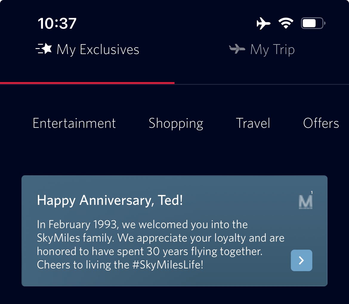 Wow, 30 years as @Delta Frequent Flyer. Time flies! Closing in on 2 million miles now so still room to go.