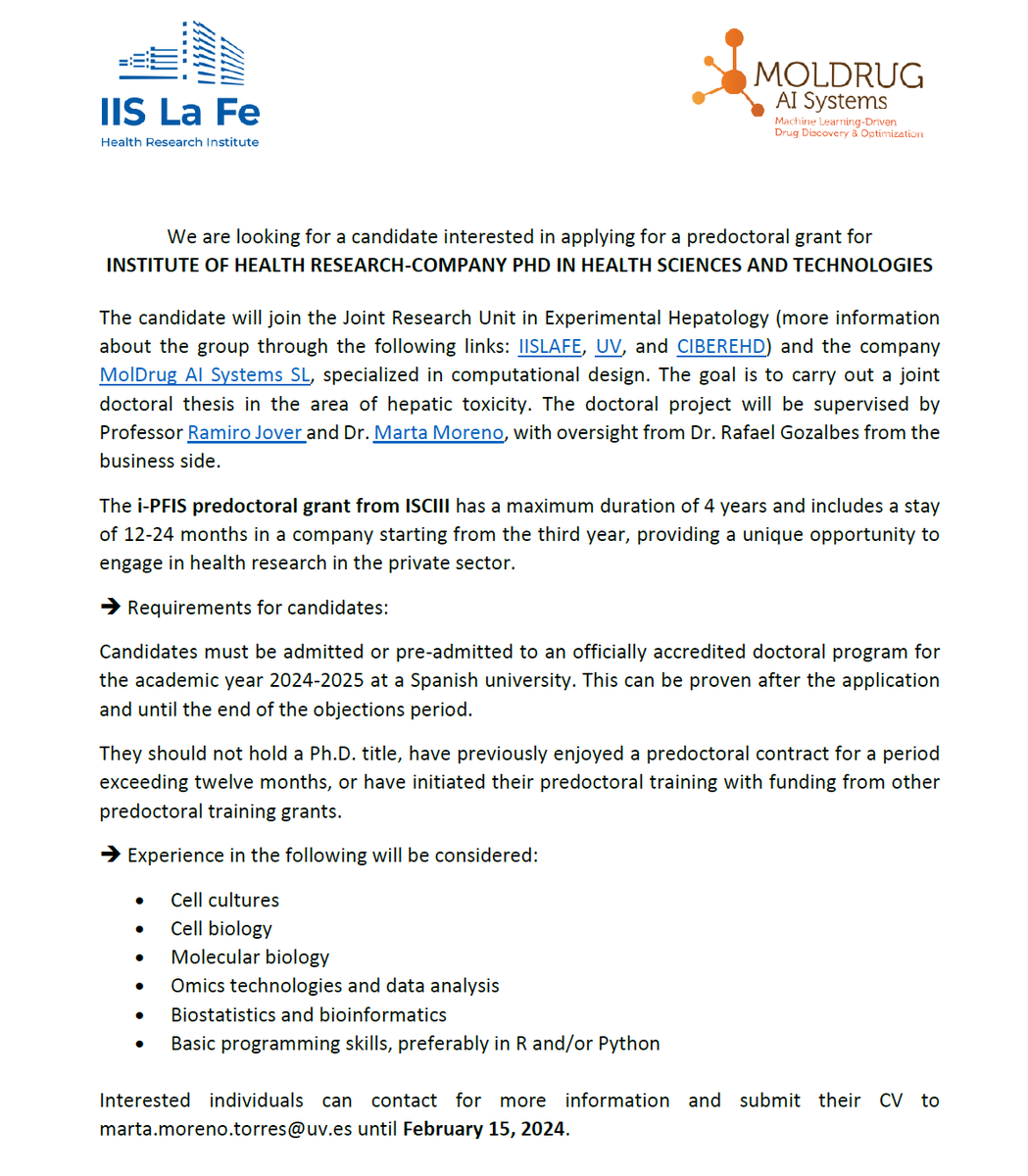 📢 Se busca candidat@ para un contrato predoctoral  del programa i-PFIS del Instituto de Salud Carlos III.
El candidat@ 👨‍🔬👩‍🔬 se integrará en la Unidad Mixta de  Hepatología Experimental (IISLAFE-UV y CIBEREHD) 🔬 y en la empresa MolDrug AI Systems SL. 
Para más información ver📄.