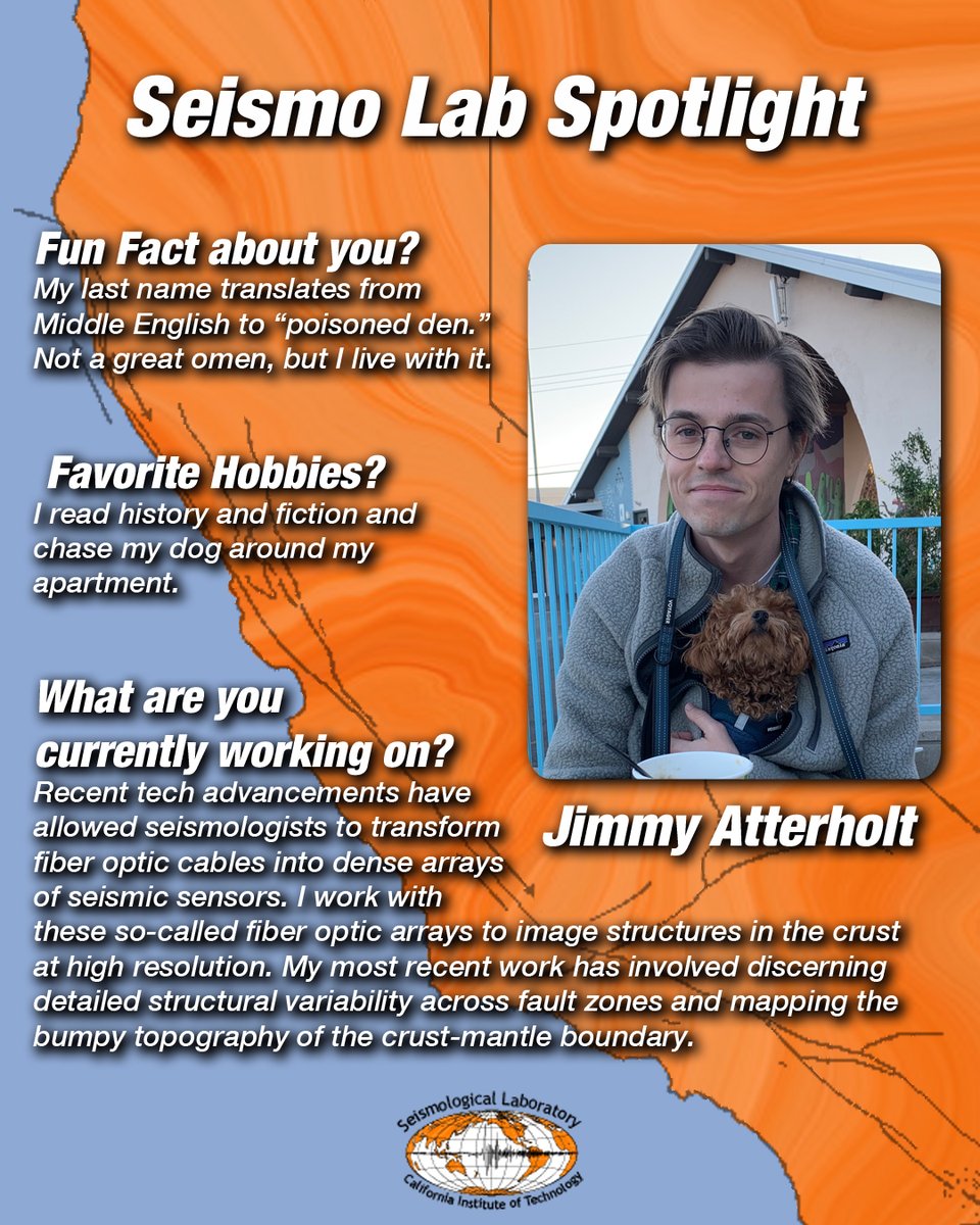 Caltech Seismo Lab (@caltechseismo) on Twitter photo Meet Jimmy Atterholt, a Seismo Lab Grad Student using new instruments and applied math to image crustal structure and earthquake ruptures! Jimmy is giving a talk on his Fiber Optic Seismology research today in the Benioff Room! (254 S Mudd) #SeismoLabSpotlight <a href="/jimatterholt/">Jimmy Atterholt</a> Meet Jimmy Atterholt, a Seismo Lab Grad Student using new instruments and applied math to image crustal structure and earthquake ruptures! Jimmy is giving a talk on his Fiber Optic Seismology research today in the Benioff Room! (254 S Mudd) #SeismoLabSpotlight <a href="/jimatterholt/">Jimmy Atterholt</a>