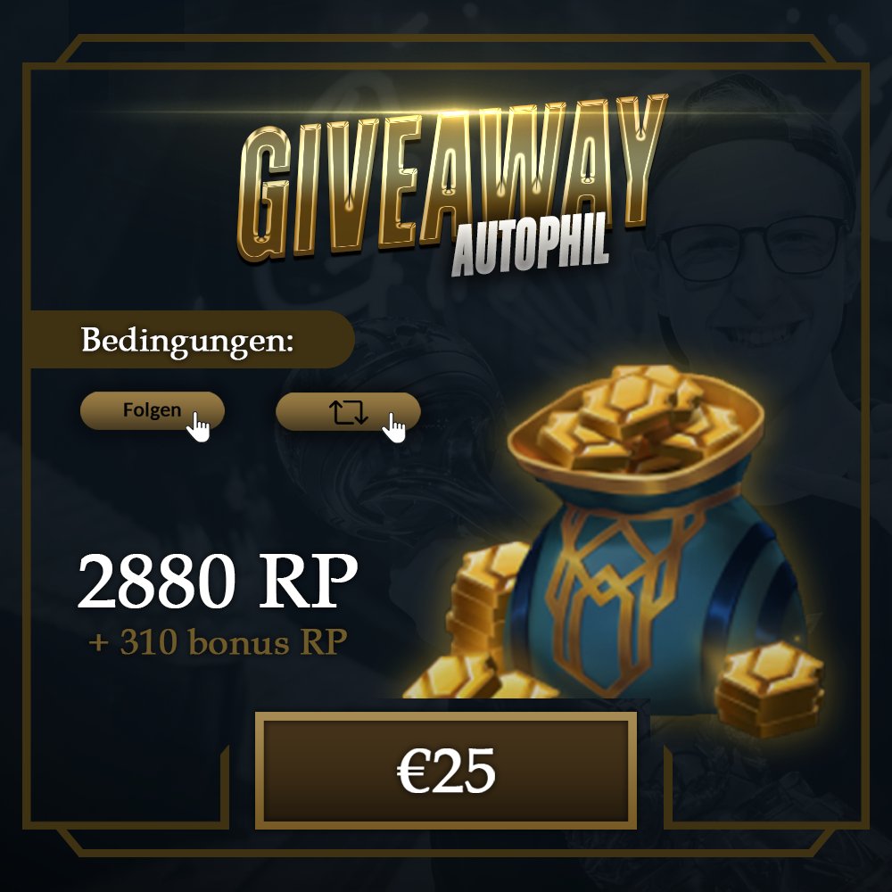 💸 25€ RP Giveaway 💸

Ich bin mal so frei und verschenke einfach 25€ in Form von Riot Points.

Was Du machen musst:
- Tweet retweeten 🔁
- Mir folgen ❤️

Und zack, gehören die RP dir (also mit ein bisschen Glück)