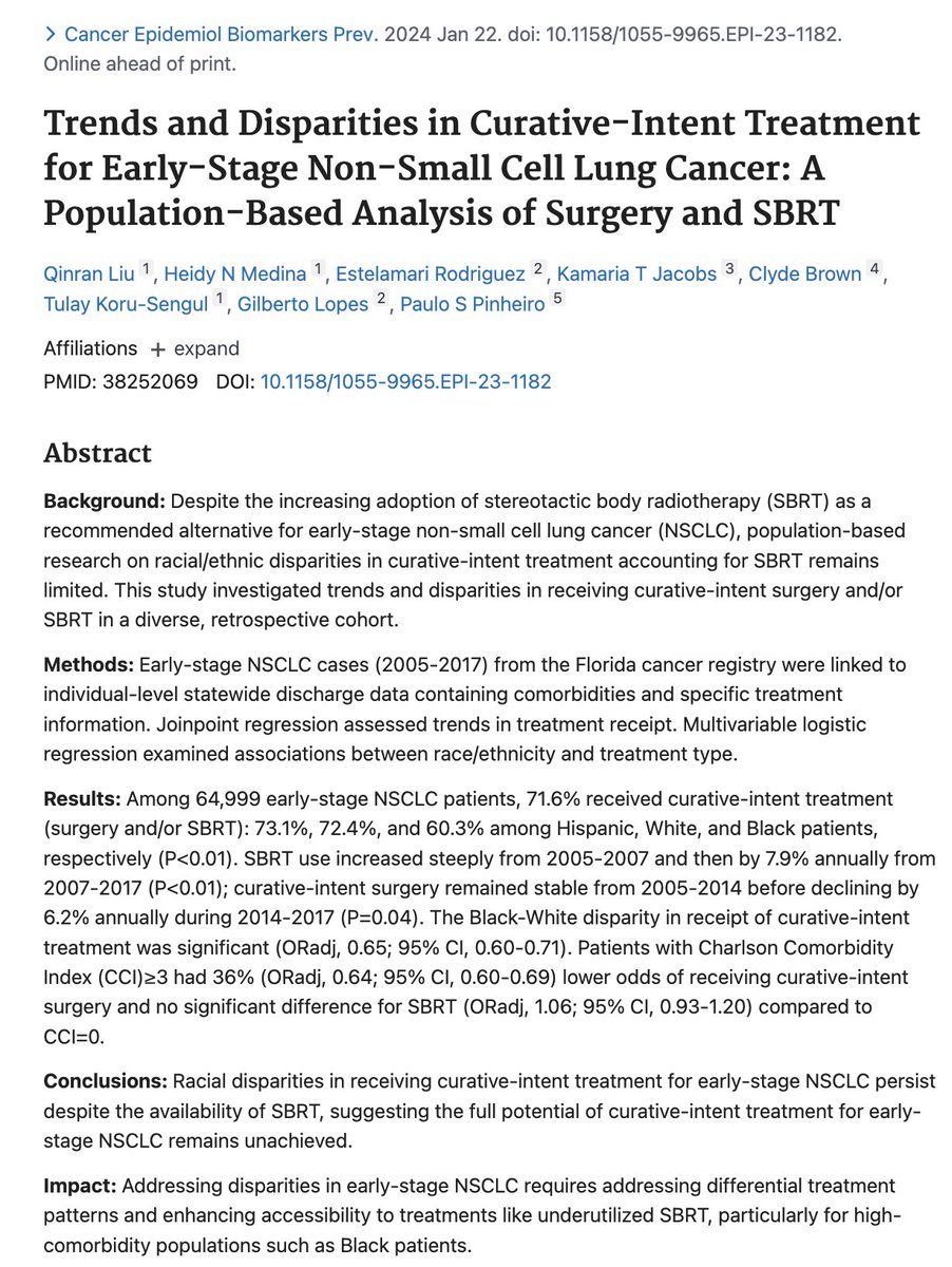 Racial disparities in receiving curative-intent treatment for early-stage NSCLC persist despite the availability of SBRT. This reminds us that the full potential of curative-intent treatment for early-stage NSCLC remains unachieved. #radonc aacrjournals.org/cebp/article/d…
