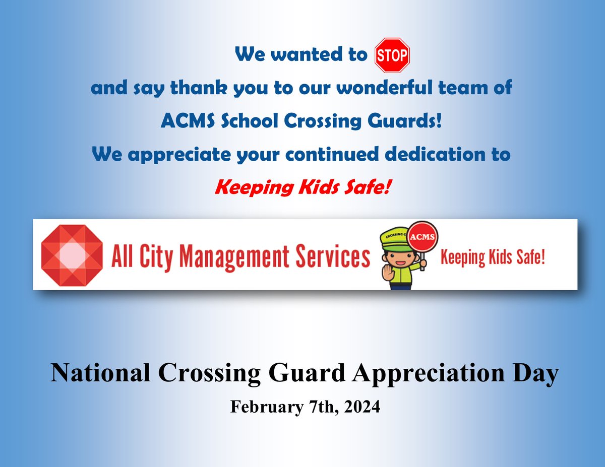 From the bottom of our hearts- Thank you for all that you do.  You are greatly appreciated by ACMS and your communities!
#KeepingKidsSafe #crossingguards #crossingguardsrock #CrossingGuardAppreciationDay #acmssafety #pedestriansafety #crosswalksafety #wehavethebestteam