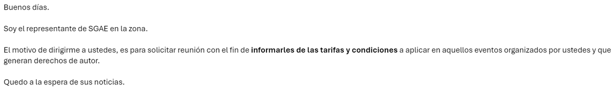 Hola <a href="/sgaeactualidad/">SGAE</a> Nos ha llegado este correo...
¿Qué hay de cierto en esta visita o es un timo?
Gracias