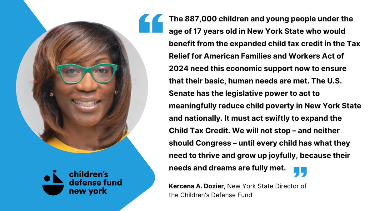 #WeAreChildDefendersNY is calling on the Senate to take action now to meaningfully reduce child poverty in NY and nationally by passing the Tax Relief for American Families & Workers Act of 2024. The action would benefit 887,000 children and young people in NY in its first year.