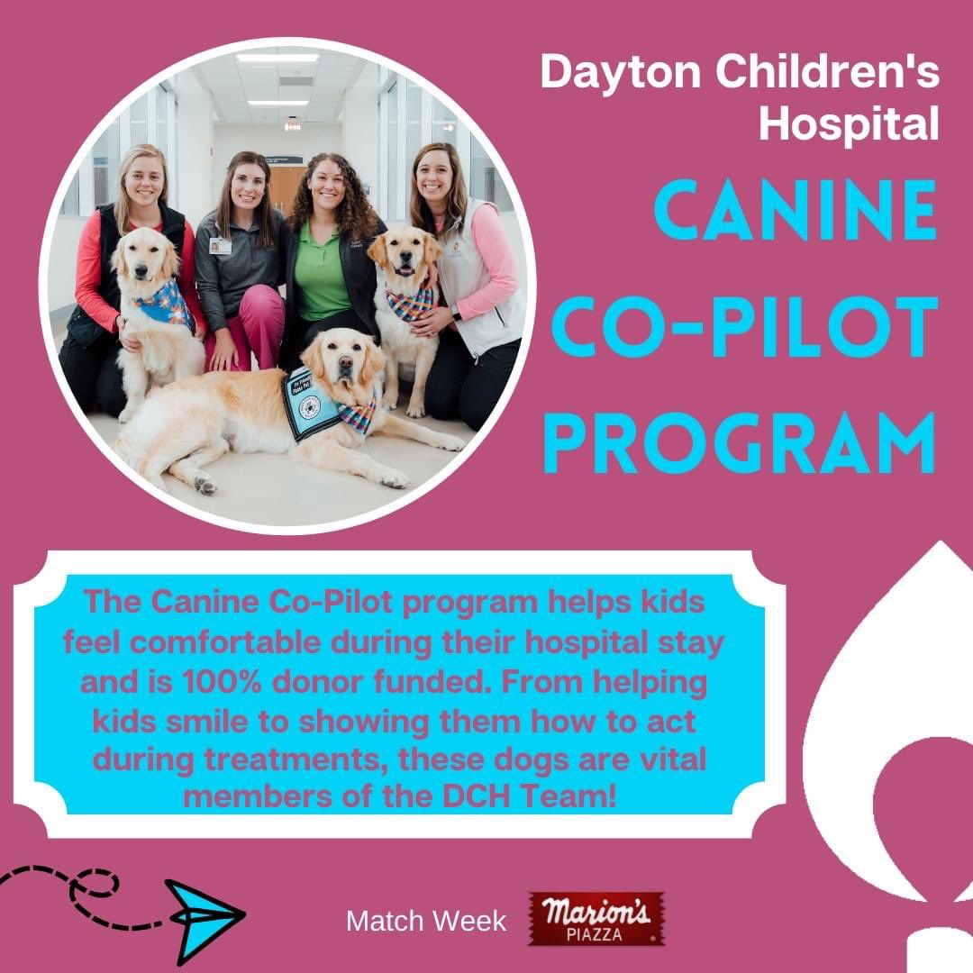 What are the @canine_copilots? The Canine Co-Pilot program is just one tool that the hospital staff use to help support kids receiving treatment at @daytonchildrens! 

 #KidsCantWait #MiracleWeek #kcw #matchweek #MarionsPiazza