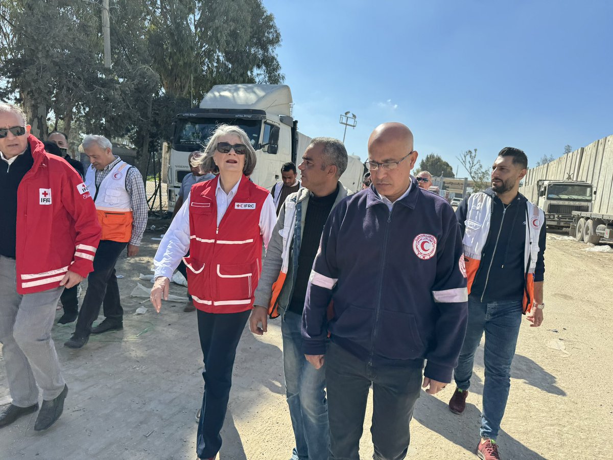 KateForbes_IFRC's tweet photo. I visited Gaza today, where I witness the catastrophic and utterly dire conditions first hand. What I saw reiterated that civilians, medical facilities and our Red Cross and Red Crescent teams need protection. Our teams need access to deliver vital-lifesaving humanitarian aid. 

Amidst this tragedy, I also saw hope and dedication too. From the round the clock medical support to special programs for children who’ve lost everything, the @PalestineRCS staff and volunteers show unwavering support in the most difficult circumstances imaginable. 

We also saw the great and complex work of the @EG_Red_Crescent in these challenging circumstances.

What I took away from today’s visit is that this crisis isn’t just about numbers, this is about people and their need for dignity and protection. We must protect the most vulnerable.