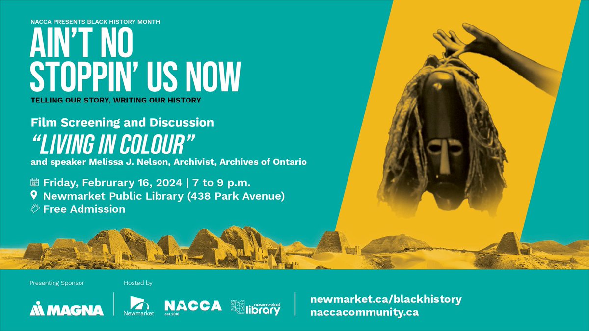 Take time this #BlackHistoryMonth to hear stories that discuss the past, present and potential future of the Black community in Canada. Attend a free film screening of “Living in Colour.”

📅 Feb 16 | 7 p.m.
📍 Newmarket Public Library (438 Park Ave)
Info: naccacommunity.ca/black-history-…