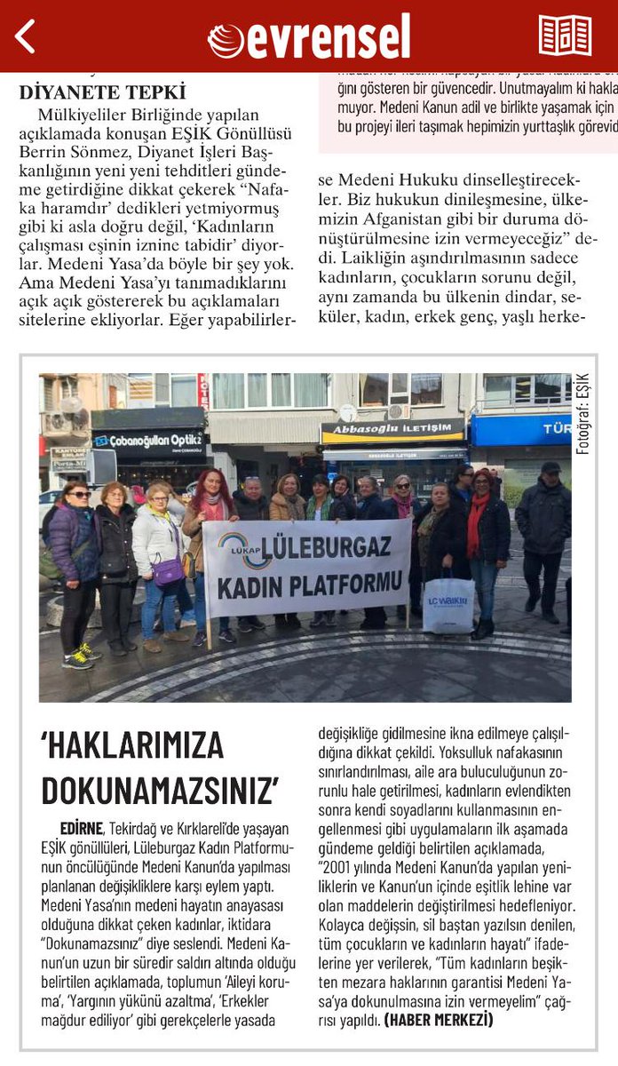 Edirne, Tekirdağ ve Kırklareli’nde #EŞİKGönüllüleri #LüleburgazKadınPlatformu öncülüğünde buluşup  iktidarın yeni yargı paketinde yapmak istediği #MedeniYasa değişikliklerine karşı basın açıklaması gerçekleştirildi.
Medeni Yasa, medeni hayatın anayasasıdır.#YasalaraDokunmaUygula