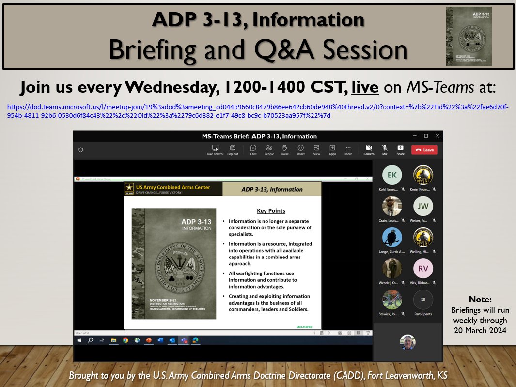 We're live in 15-minutes on MS-Teams talking ADP 3-13, Information. Join us at: dod.teams.microsoft.us/l/meetup-join/… 📷