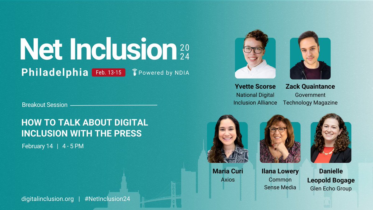 Next week, Senior Director @DaniLeopold is speaking at @netinclusion! She'll be discussing how to talk about #digitalinclusion with the press alongside @yvettescorse, @ilanajlowery, @zackquaintance, and @m_ccuri!