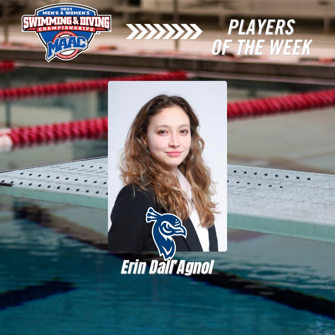 Congratulations to this week's MAAC Swimming and Diving Weekly Award Winner! Women’s Swimmer of the Week– Erin Dall’Agnol, @PeacockSWIMDIVE 📰: bit.ly/4833nfL #MAACSports x #MAACSwim