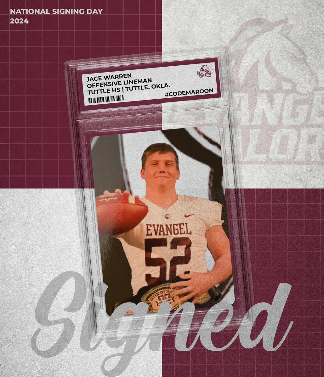 Welcome Jace Warren to the Evangel Family! ✍️

🏈: Offensive Lineman
🏫: Tuttle HS
📍: Tuttle, Okla.

#CodeMaroon // #NSD24