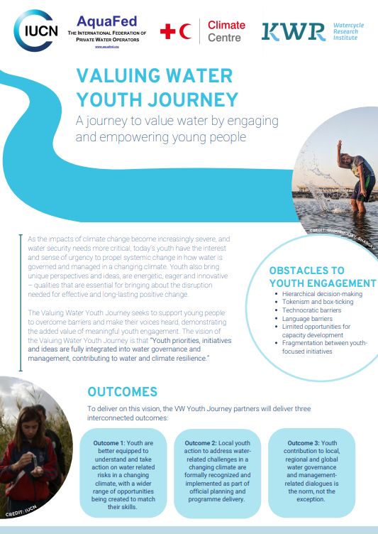The Valuing Water Youth Journey - a collaboration between @IUCN, @AquaFed, @KWR_Water and @RCClimate - aims to catalyse meaningful #youth engagement and action on #water and #climate. Download the Journey's flyer to learn more: bit.ly/3UsoO6L