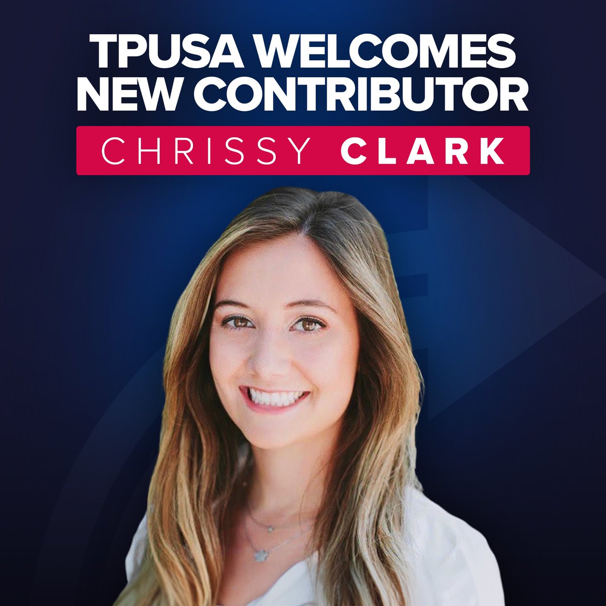 TPUSA's tweet photo. We are thrilled to welcome our newest TPUSA Contributor, Chrissy Clark! With her extensive experience as a grassroots activist, journalist, and content creator, we are eager to collaborate with Chrissy to amplify her unwavering dedication to American values, reaching thousands of young students nationwide!

Join us in welcoming Chrissy to the TPUSA family!