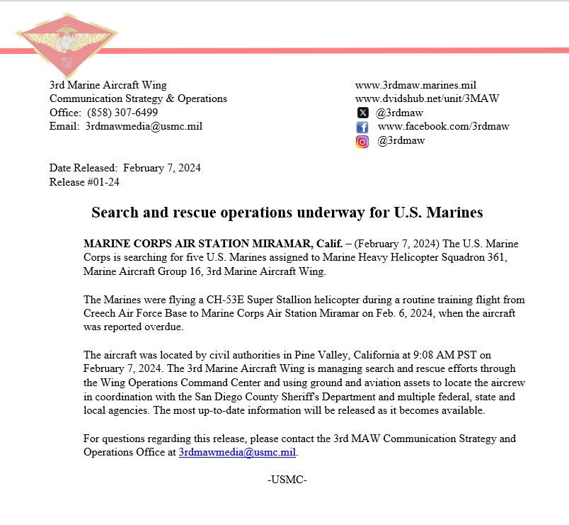 3rdmaw's tweet photo. See attached for updates on missing 3rd MAW Marines.

Search and rescue operations are underway. https://t.co/IVpkuGNqvV