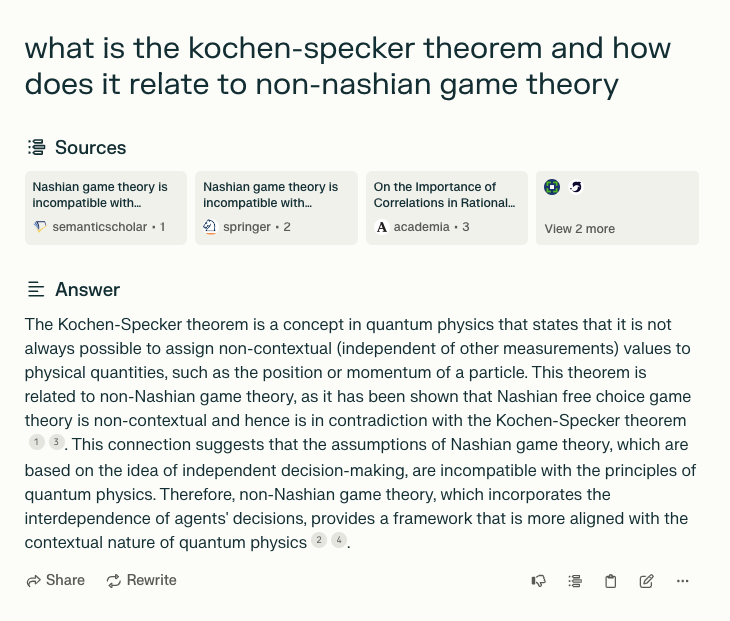 db_rumble's tweet photo. @AravSrinivas By the way, dear Aravind, Perplexity gets my research contributions perfectly right (see below)!

ChatGPT confuses quantum game theory vs. interpreting quantum theory as a game against nature, while Perplexity nails it.

Kudos to your team! 🙏 https://t.co/FRrWBNhgrv