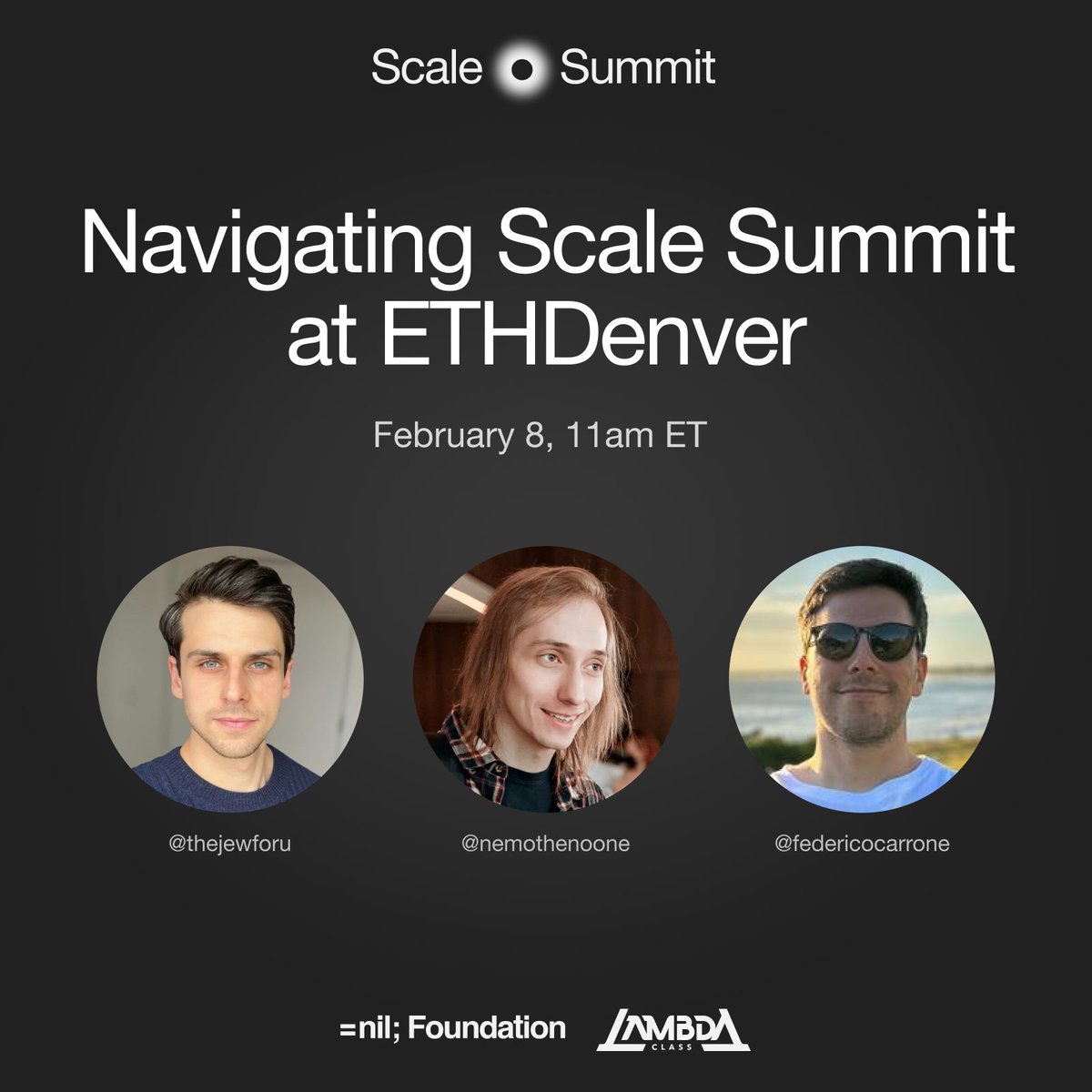 Set a reminder to join our X Live Space "Navigating Scale Summit" with @thejewforu, <a href="/nemothenoone/">Misha Komarov</a>, and <a href="/fede_intern/">Fede’s intern 🥊</a> to learn about our scaling and zk-focused event with <a href="/class_lambda/">LambdaClass</a> at <a href="/EthereumDenver/">ETHDenver 🏔🦬🦄</a>.

Attend to hear about what we’ll showcase at the event, speaker updates, and