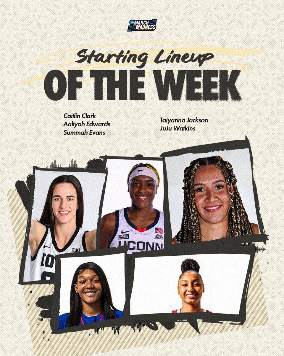 NCAA March Madness (@marchmadnesswbb) on Twitter photo The Starting 📷 for Week 14 is HERE!
<a href="/CaitlinClark22/">Caitlin Clark</a> of <a href="/IowaWBB/">Iowa Women's Basketball</a>
<a href="/AaliyahEdwards_/">Aaliyah Edwards</a> of <a href="/UConnWBB/">UConn Women’s Basketball</a>
Summah Evans of <a href="/Mercer_WBB/">Mercer Women's Basketball</a>
<a href="/tai_jackson11/">Taiyannaa 🤍</a> of <a href="/KUWBball/">Kansas Women's Basketball</a>
<a href="/Jujubballin/">JUJU WATKINS</a> of <a href="/USCWBB/">USC Women's Basketball</a>
#NCAAWBB The Starting 📷 for Week 14 is HERE!
<a href="/CaitlinClark22/">Caitlin Clark</a> of <a href="/IowaWBB/">Iowa Women's Basketball</a>
<a href="/AaliyahEdwards_/">Aaliyah Edwards</a> of <a href="/UConnWBB/">UConn Women’s Basketball</a>
Summah Evans of <a href="/Mercer_WBB/">Mercer Women's Basketball</a>
<a href="/tai_jackson11/">Taiyannaa 🤍</a> of <a href="/KUWBball/">Kansas Women's Basketball</a>
<a href="/Jujubballin/">JUJU WATKINS</a> of <a href="/USCWBB/">USC Women's Basketball</a>
#NCAAWBB