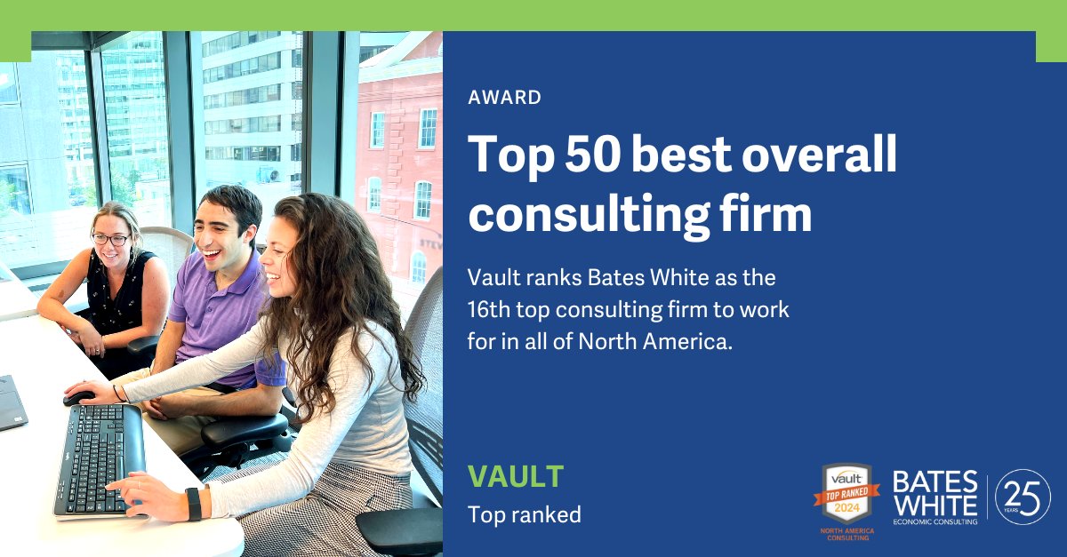 We are pleased to announce that we are ranked 16th on @Vaultcareers's 2024 list of the 50 best consulting firms to work for in North America. The firm also ranked highly on Vault’s lists of the best boutique and best economic consulting firms. Learn more: ow.ly/CzlC50QyQXf